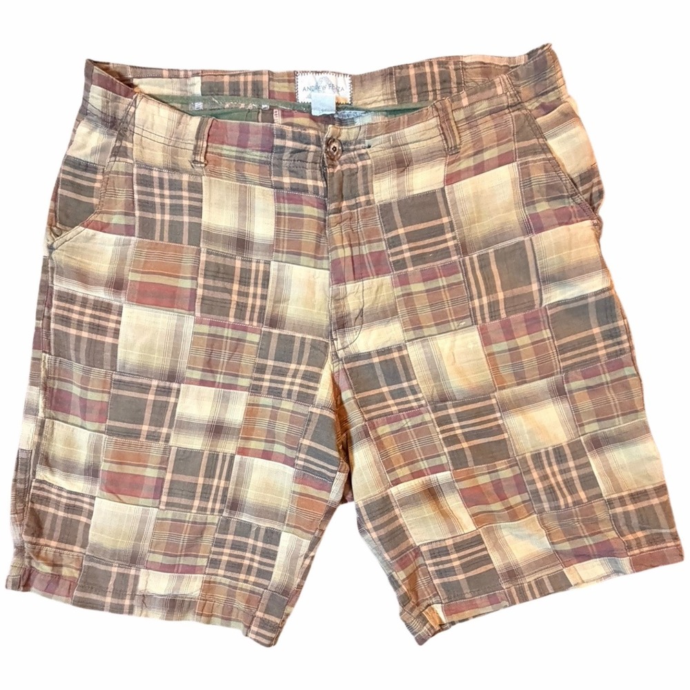 Andrew Fezza Madras Patchwork Plaid Shorts Mens 40 Cotton Preppy Golf Flat Front